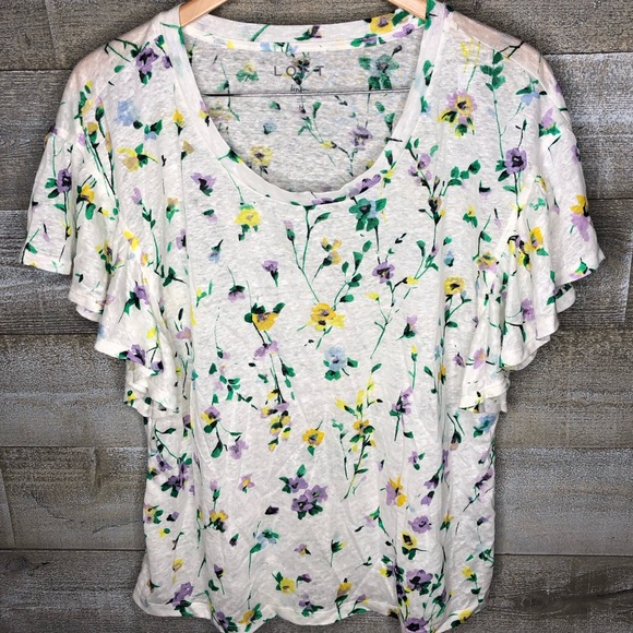 Ann taylor loft linen tee flutter wedge white floral - Picture 2 of 4